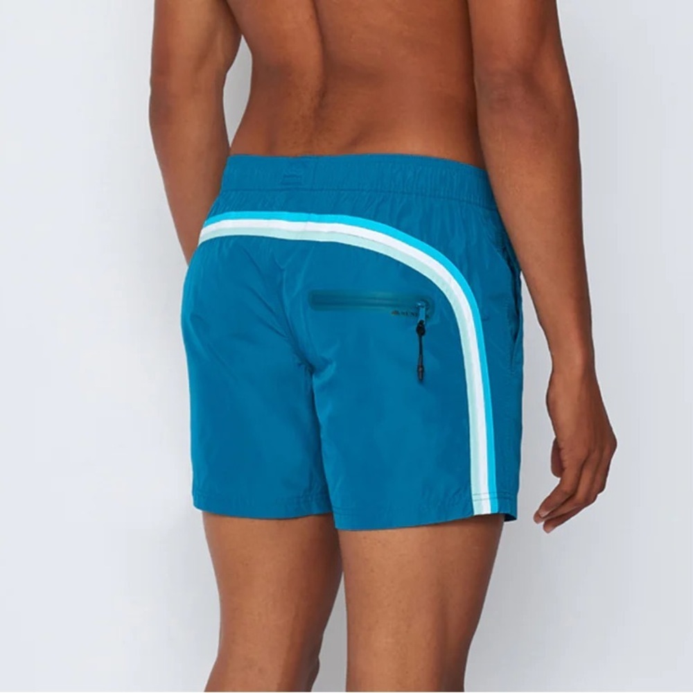 NWOT SUNDEK stretch waist Peacock Blue Nylon Sz S‎ Swim Trunks Shorts